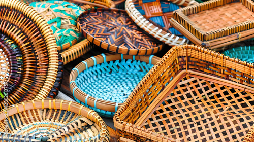 A collection of intricately woven baskets in various colors and patterns.