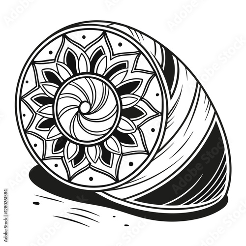 Detailed Black and White Snail Shell Illustration: Mandala Style Sea Life Art for Coloring Pages and Creative Design Projects