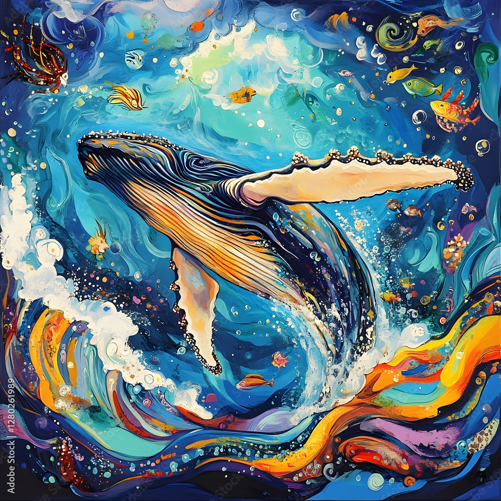 A colorful depiction of a whale swimming amidst vibrant sea life.