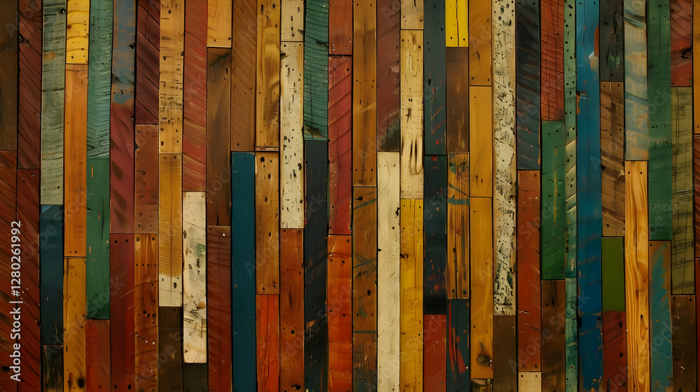 A colorful arrangement of wooden planks creating a textured wall display.