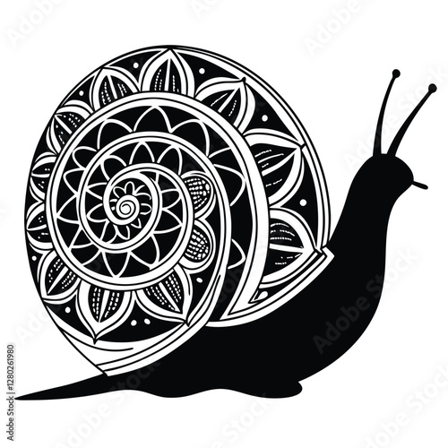 Detailed Mandala Snail Illustration: Black and White Zentangle Style Snail Shell Art, Nature Inspired Design, Intricate Animal Drawing