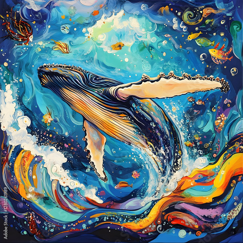 Obraz na płótnie A colorful depiction of a whale swimming amidst vibrant sea life. w salonie