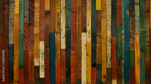 Obraz na płótnie A colorful arrangement of wooden planks creating a textured wall display. w salonie