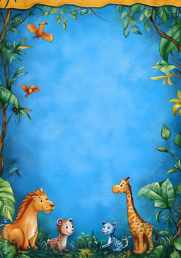 A colorful illustration featuring playful animals in a jungle setting.
