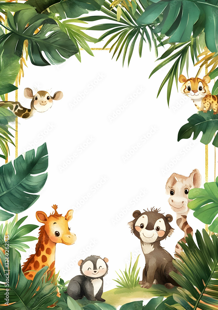 A colorful illustration of cartoon animals surrounded by tropical foliage.