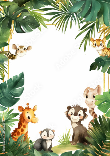 Obraz na płótnie A colorful illustration of cartoon animals surrounded by tropical foliage. w salonie