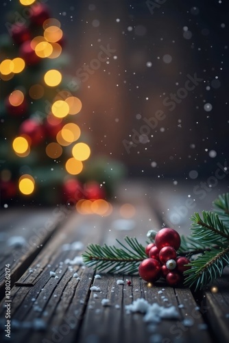 Rustic wooden background, Christmas lights bokeh, snowy effect, snow, blur, christmas