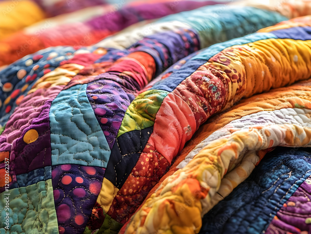 A colorful quilt showcasing intricate patterns and textures, emphasizing craftsmanship.