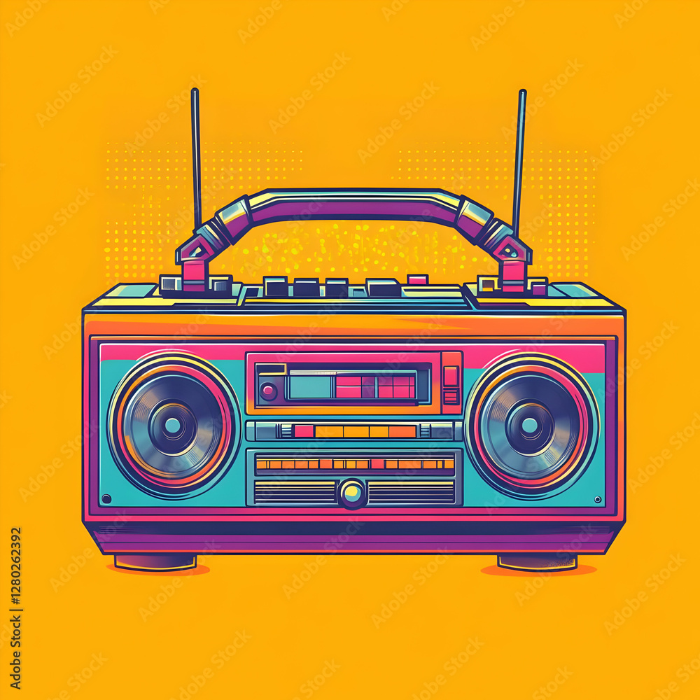 A colorful retro boombox on a vibrant yellow background, symbolizing music and nostalgia.
