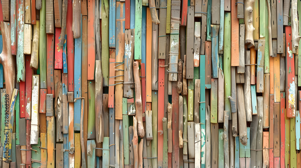 A colorful wall made of wooden planks, showcasing an artistic design.