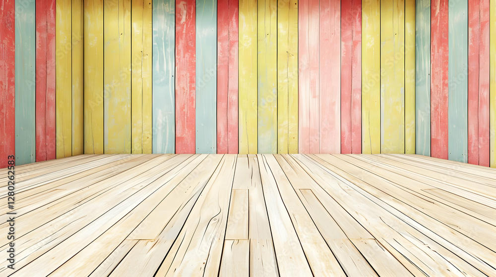 A colorful wooden interior with vertical stripes and a wooden floor, suitable for presentations.