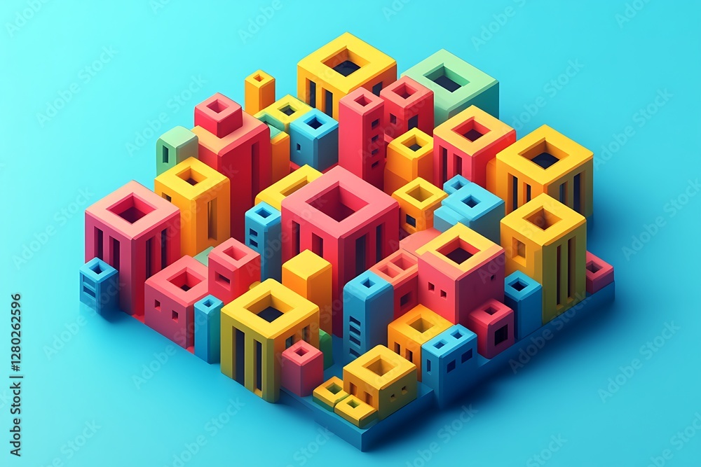 Obraz premium Colorful geometric city blocks on a blue background