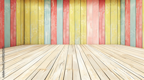 Obraz na płótnie A colorful wooden interior with vertical stripes and a wooden floor, suitable for presentations. w salonie