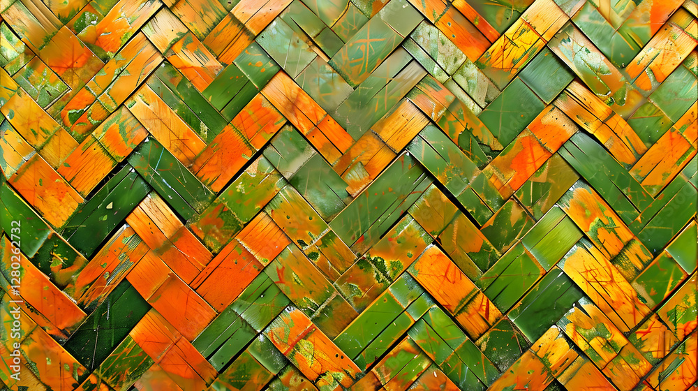 A colorful woven pattern featuring green and orange hues in a herringbone design.
