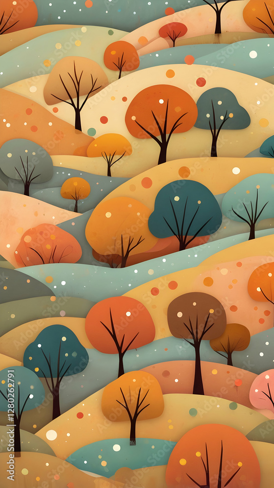 A colorful, abstract landscape featuring stylized trees and rolling hills.