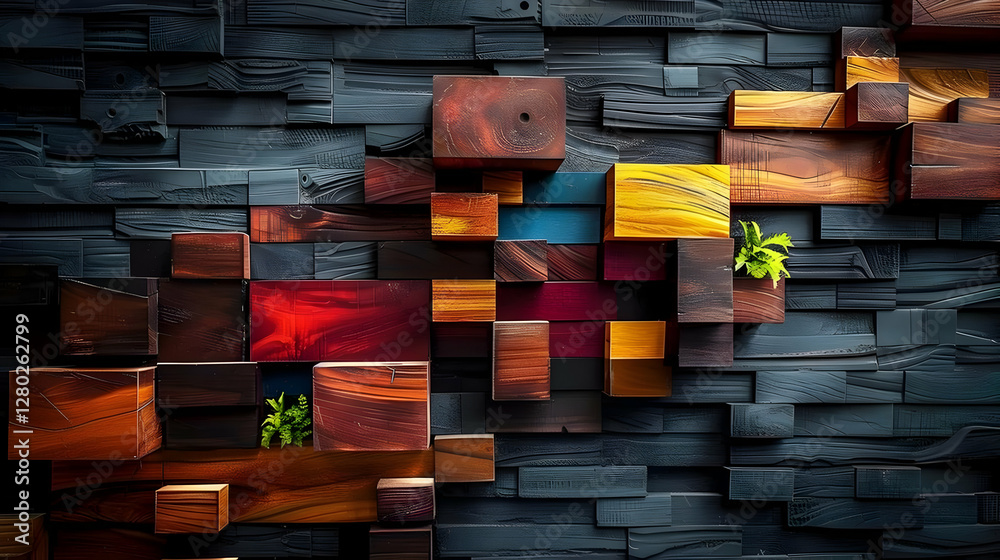 A colorful wooden wall installation featuring various shapes and small plants.