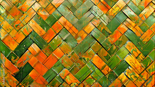 Obraz na płótnie A colorful woven pattern featuring green and orange hues in a herringbone design. w salonie