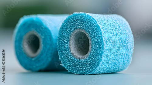 Blue medical bandage rolls on table. Healthcare, close-up