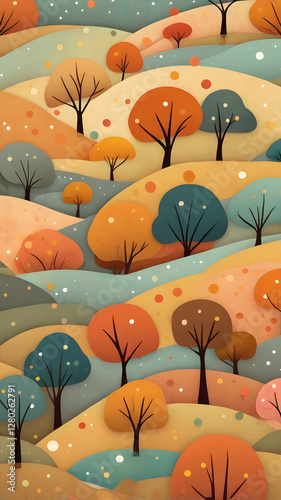 Obraz na płótnie A colorful, abstract landscape featuring stylized trees and rolling hills. w salonie