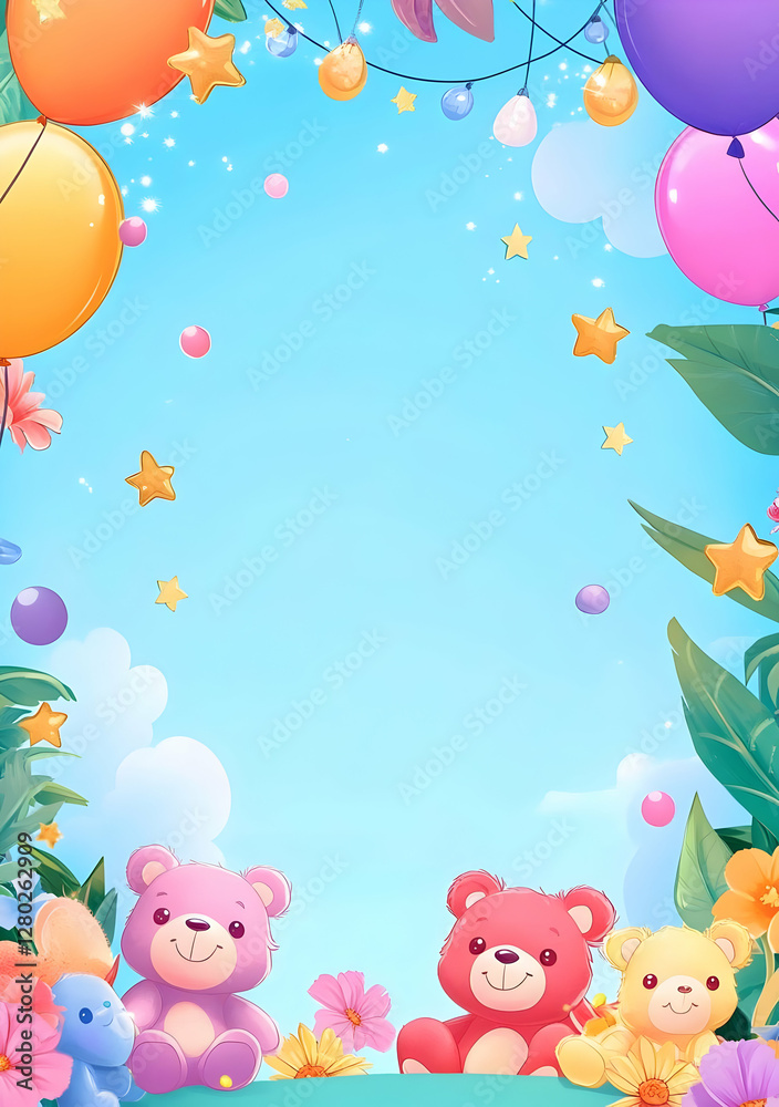 A colorful, playful scene featuring teddy bears, balloons, and flowers against a blue sky.