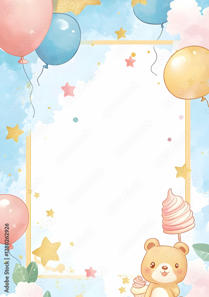 A colorful, whimsical frame featuring balloons, stars, and a cute bear with ice cream.