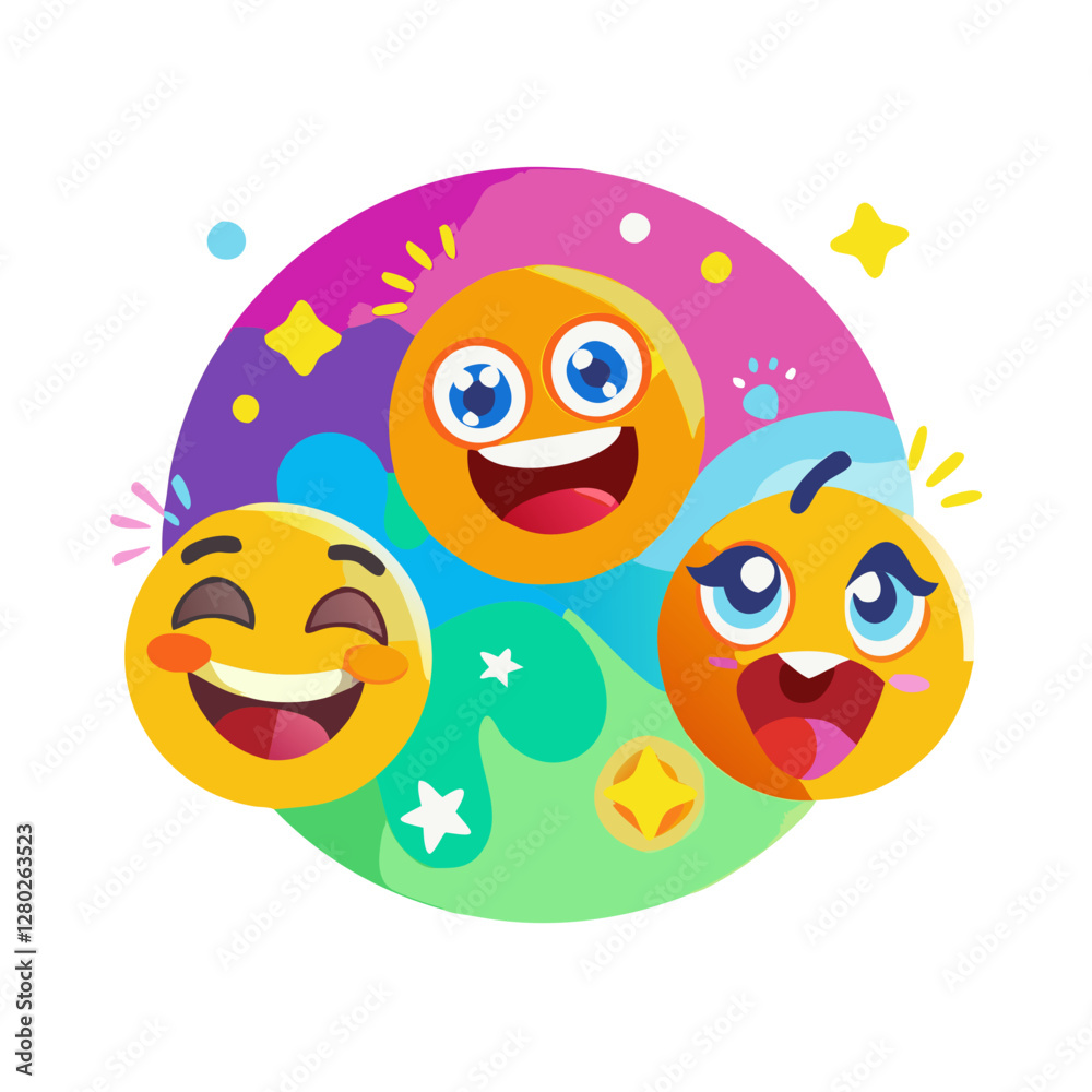 Happy emoji faces with stars and sparkles