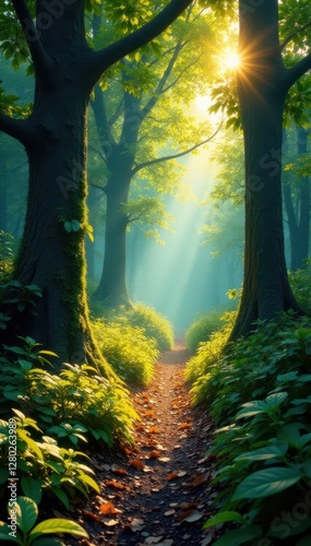 Sun-dappled path, ancient trees, mystical forest , mystical, enchanting, way