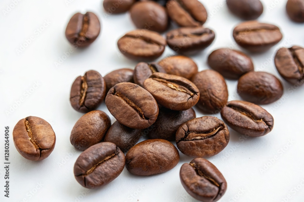 Naklejka premium Roasted Coffee Beans Piled on White Background – Fresh Aromatic Espresso Ingredient