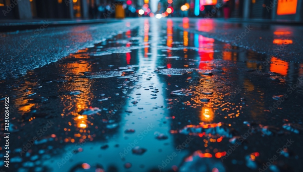 Fototapeta premium Dynamic Rainy Urban Street with Reflective Puddles