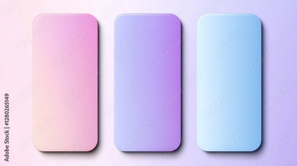 Three pastel-colored rectangular shapes with gradient backgrounds, arranged side by side. Three pastel-colored rectangular shapes with gradient backgrounds, arranged side by side.