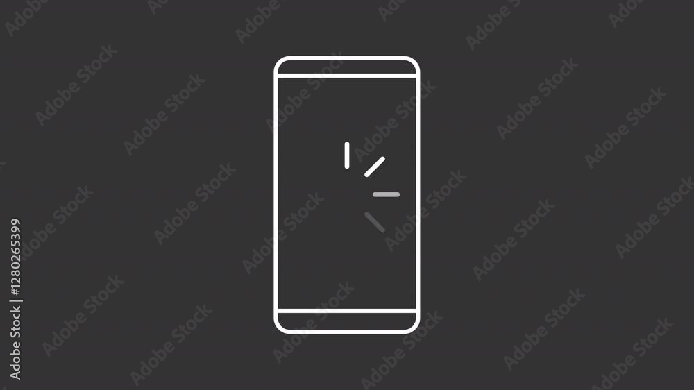 Smartphone loading white line animation. Phone progress animated icon. Lines showing up. Blinking screen. Isolated illustration on dark background. Transition alpha video. Motion graphic