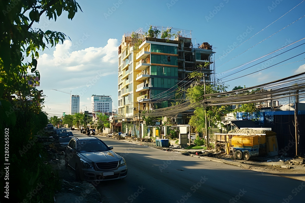Obraz premium Urban Development in Progress, A Modern Building Rises Against the Skyline