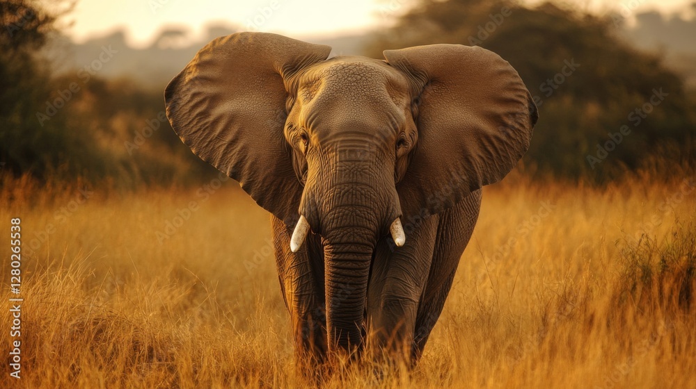 Fototapeta premium African Elephant in Golden Hour Savanna Grassland