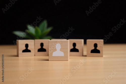 group of six wooden cubes with black white silhouettes in a line