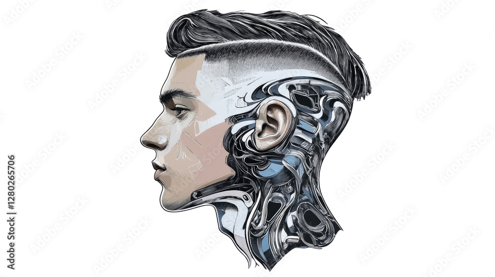 The Fusion of Man and Machine: A striking illustration depicts a man's head, blending organic features with intricate mechanical components, symbolizing the intersection of humanity and technology. The Fusion of Man and Machine: A striking illustration depicts a man's head, blending organic features with intricate mechanical components, symbolizing the intersection of humanity and technology.