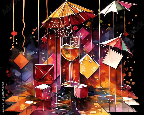 Colorful cocktail art scene with umbrellas photo