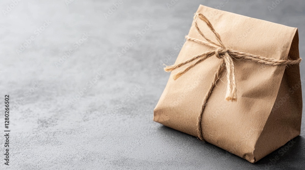 Brown paper bag gift on dark surface Brown paper bag gift on dark surface