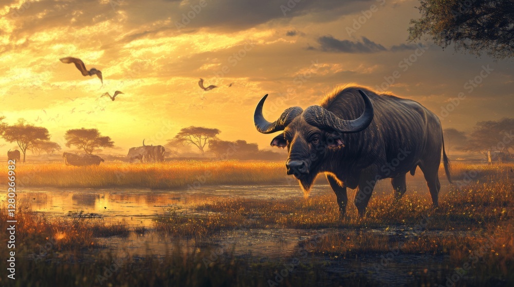 Obraz premium Cape Buffalo at Sunset in the African Savanna