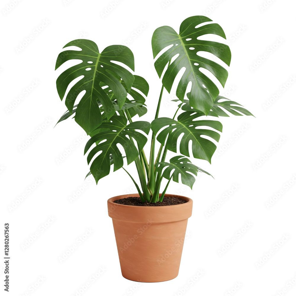 Fototapeta premium Vibrant Monstera deliciosa plant in a pot, isolated on a transparent background perfect for design decor or plant-themed projects