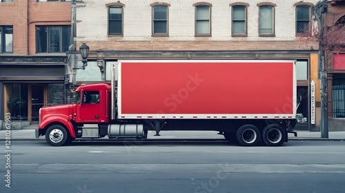 A Red Semi Truck Is Parked Along A City Street
