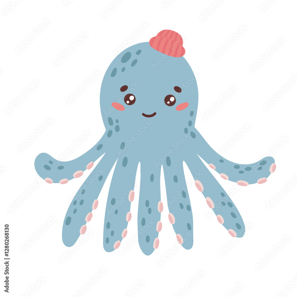 Obraz premium Cute octopus with hand drawn sea life elements. Sea animals. Vector doodle cartoon octopus of marine life objects for your design.