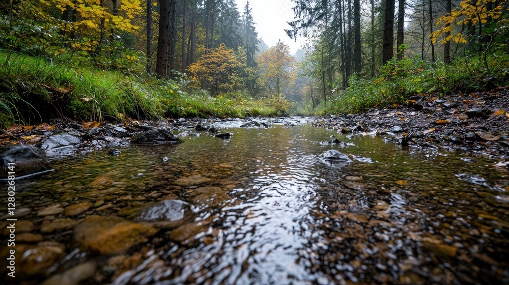 Autumn creek flows through misty forest. Nature background