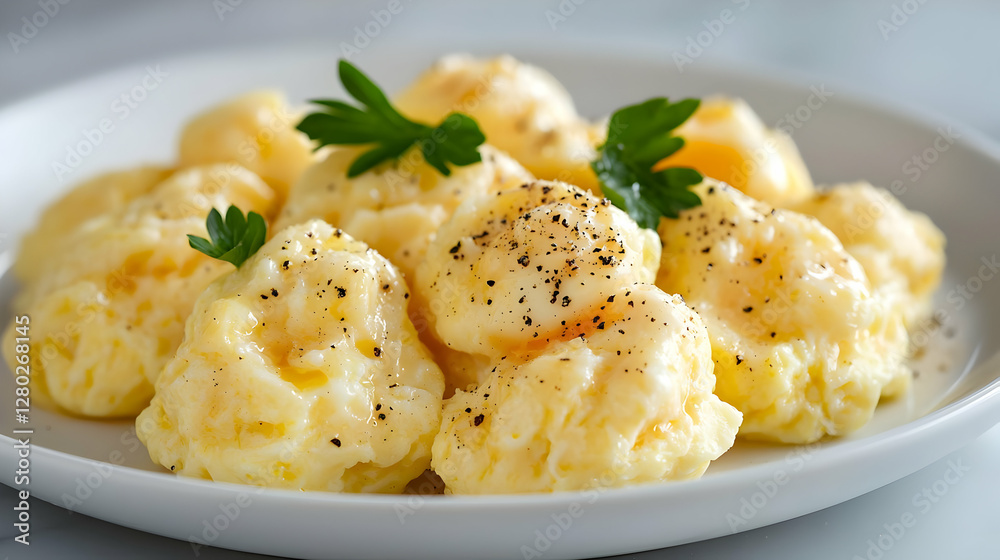 Creamy cheese gnocchi, parsley garnish, pepper seasoning, white plate, marble background - Food photography Creamy cheese gnocchi, parsley garnish, pepper seasoning, white plate, marble background - Food photography