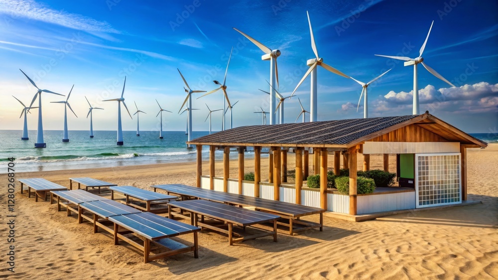 Coastal Pavilion with Renewable Energy Sources and Solar-Powered Benches on a Sandy Beach Coastal Pavilion with Renewable Energy Sources and Solar-Powered Benches on a Sandy Beach