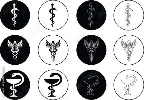 Set of Caduceus snake icons flat and outline Styles. Rod of Asclepius signs. Medical center, pharmacy, hospital with popular symbols of medicine. Medical health care logos on transparent background.