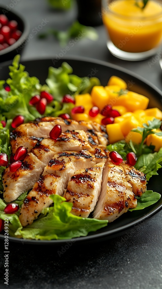 Grilled chicken salad with mango and pomegranate on dark plate Grilled chicken salad with mango and pomegranate on dark plate