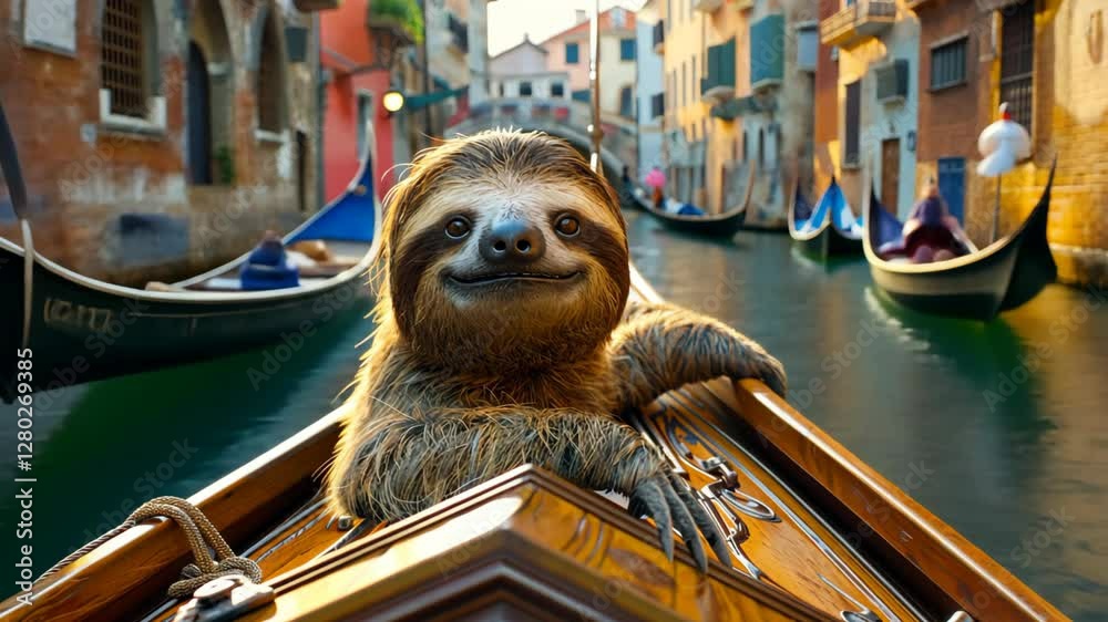 funny smiling sloth on Gondola boat
