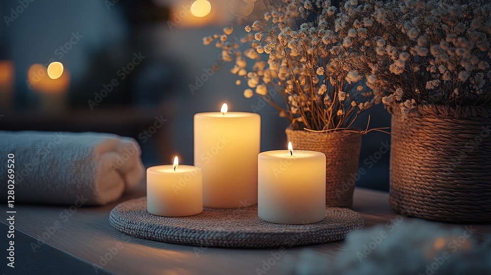 Relaxing spa setting with candles and calming decor, soft lighting Relaxing spa setting with candles and calming decor, soft lighting