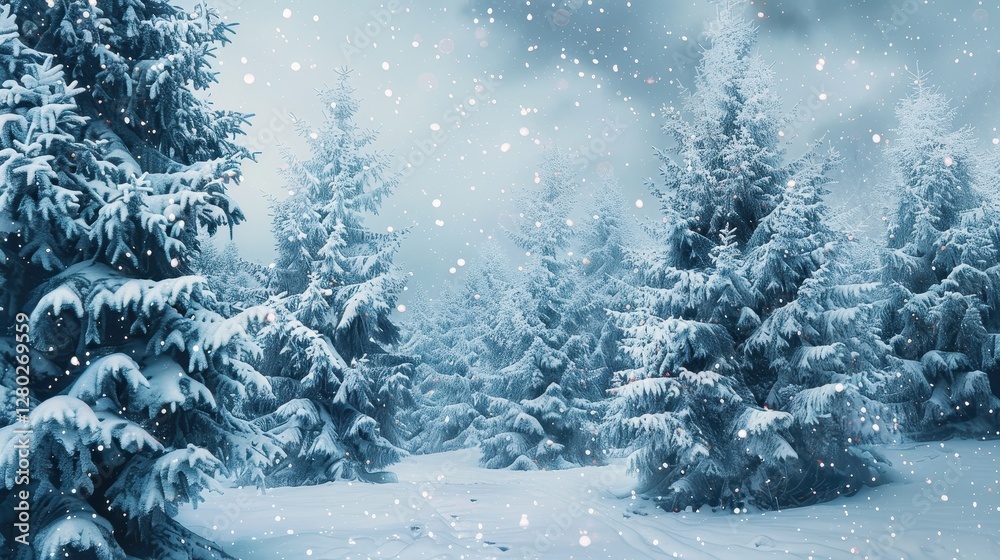 Fototapeta premium Enchanting Winter Forest with Snow-Covered Fir Trees and Gentle Snowfall