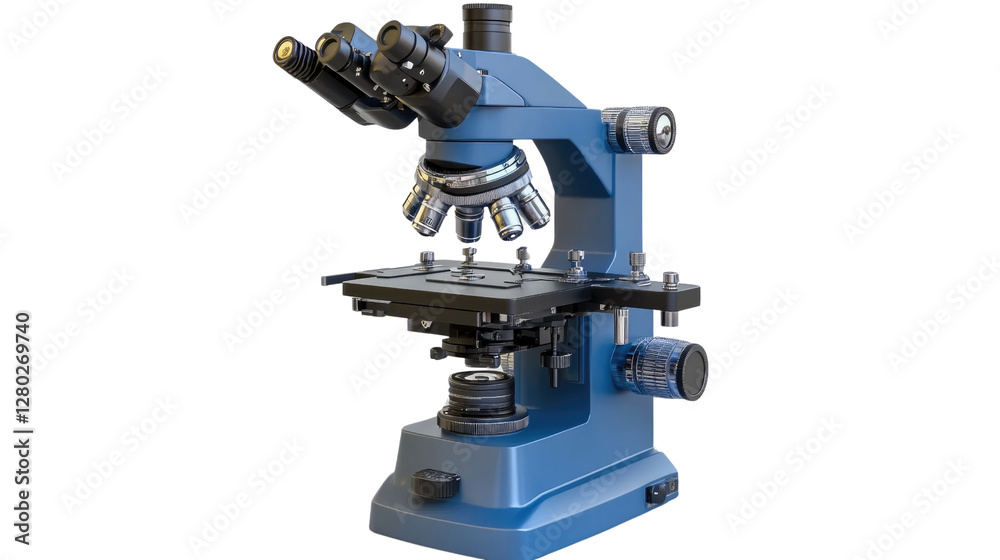 Microscope in Focus: A detailed view of a high-powered microscope, meticulously designed for scientific observation, is displayed against a seamless background. Microscope in Focus: A detailed view of a high-powered microscope, meticulously designed for scientific observation, is displayed against a seamless background.
